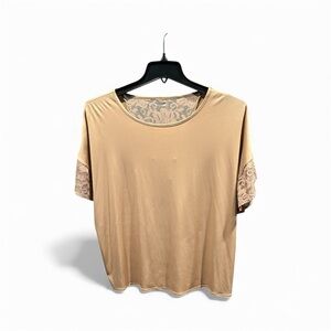 Susan Graver Short Sleeve Blouse Brown Lace Back And Sleeves NWOT  Size XS